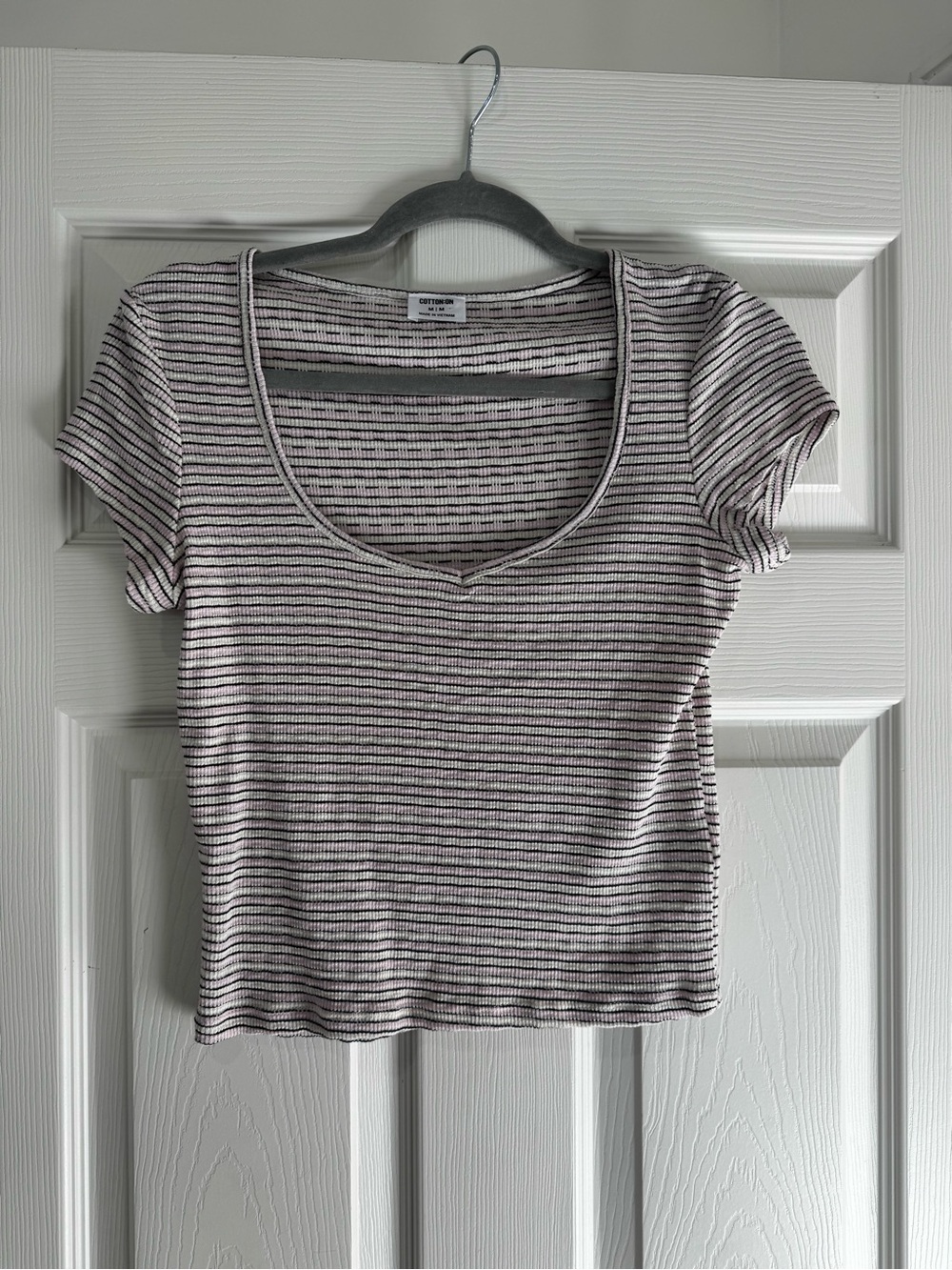 Cotton On Striped Scoop Crop Top - Black and White